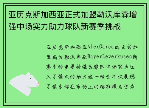 亚历克斯加西亚正式加盟勒沃库森增强中场实力助力球队新赛季挑战 亚历克斯加西亚正式加盟勒沃库森增强中场实力助力球队新赛季挑战