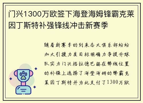 门兴1300万欧签下海登海姆锋霸克莱因丁斯特补强锋线冲击新赛季