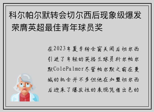 科尔帕尔默转会切尔西后现象级爆发 荣膺英超最佳青年球员奖 科尔帕尔默转会切尔西后现象级爆发 荣膺英超最佳青年球员奖